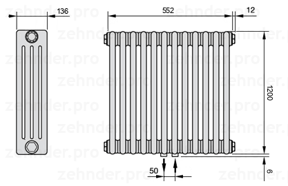 Схема (чертеж) Радиатор Zehnder Charleston 4120/12 №5410 Белый глянцевый RAL 9016